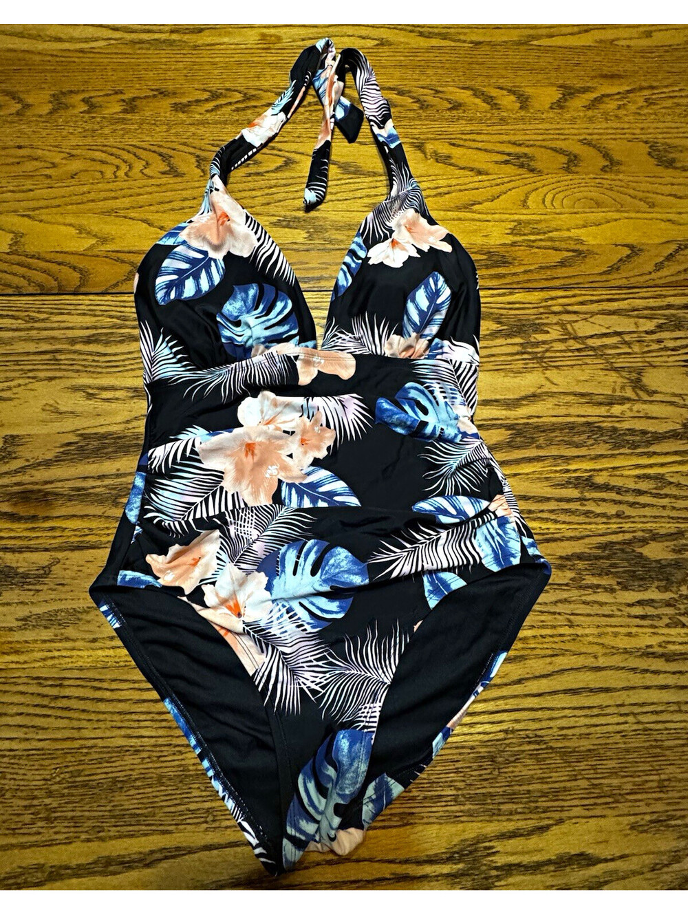 DKNY Women’s L Tropical Floral One Piece Swimsuit Halter Tummy Control Black